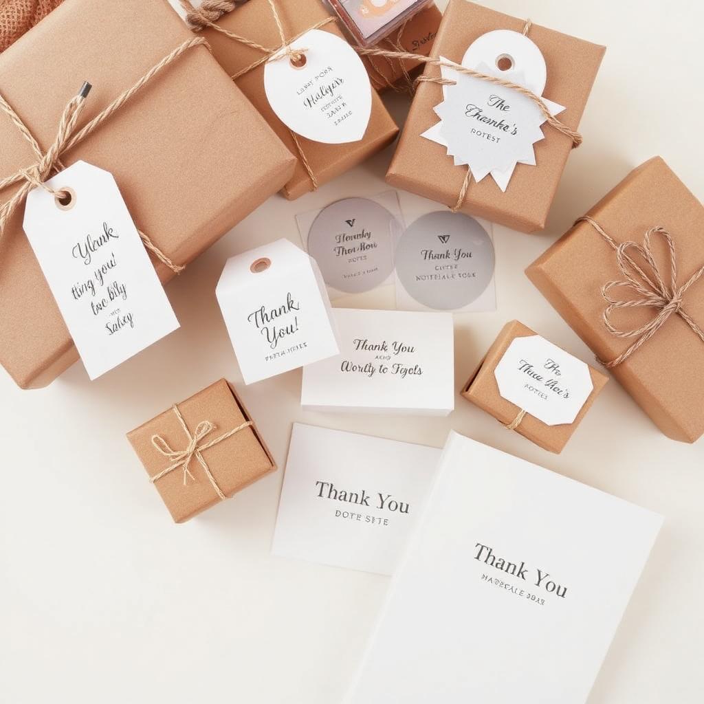 Personalised gift tags, thank-you cards, stickers and custom gift boxes