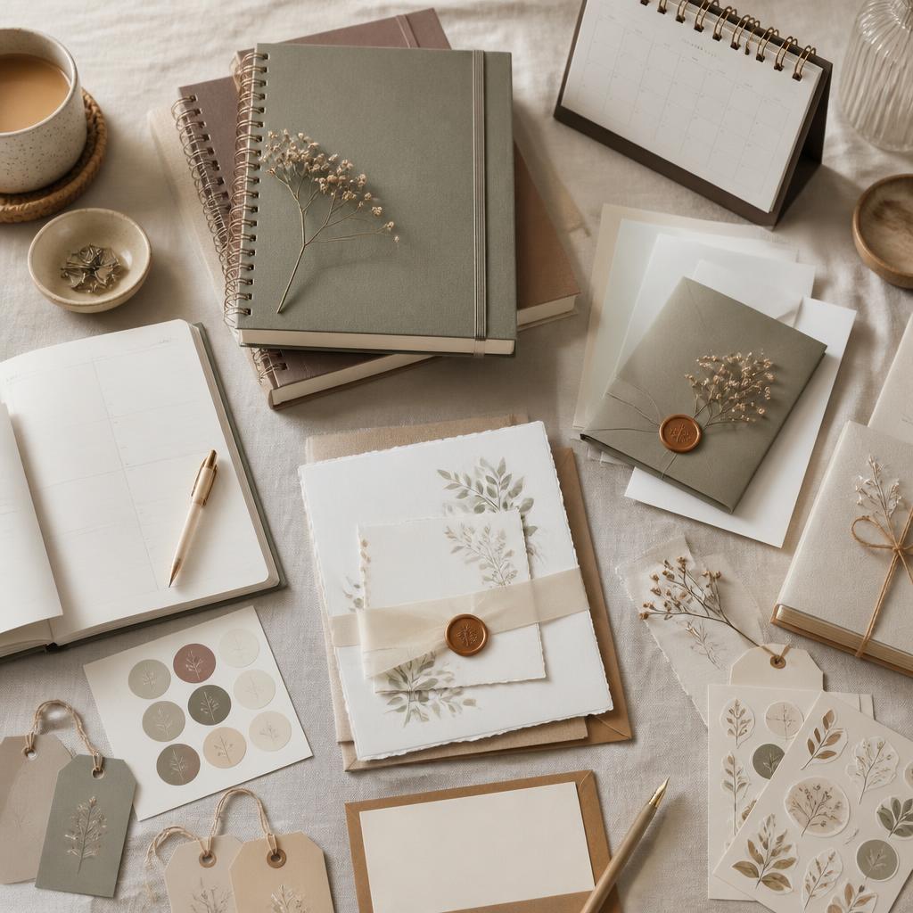 Flat lay of personalised stationery, planners, invitations and gift tags by Visionary Ventures